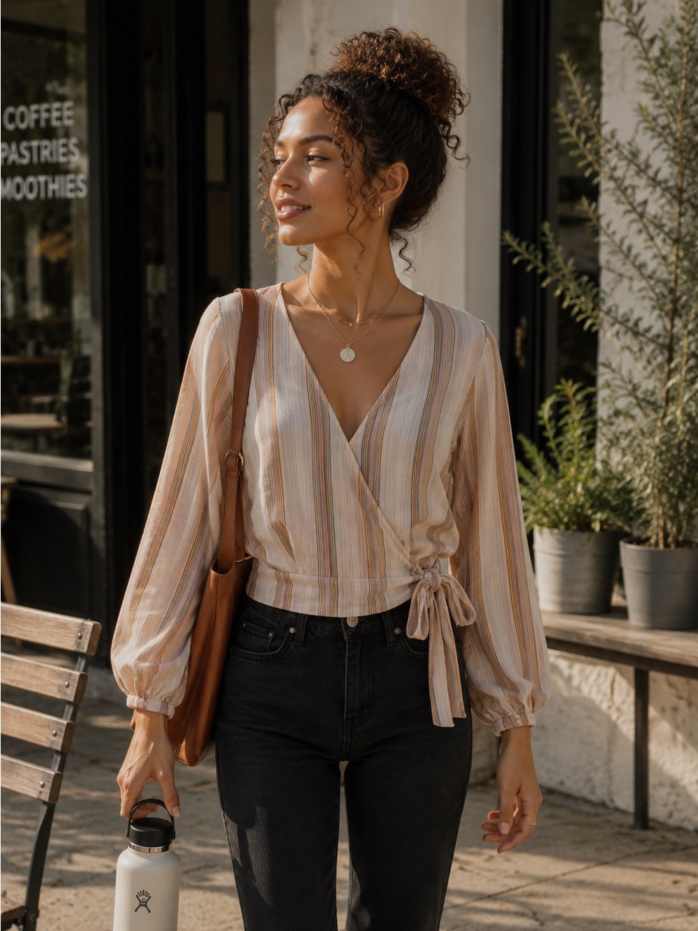 O'Neill Mira Wrap Top XS NWT Boho Wrap Blouse Neutral Stripe Coastal Chic